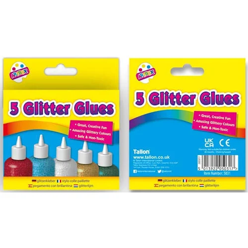 Glitter Glues - 5 Pack Assorted Bright Colours Craft Art Supplies